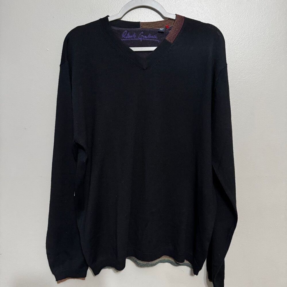 Robert Graham Wool V Neck Pullover Sweater Fitted black size XL
